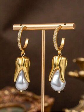 Pearl Blossom Gold Drop Earrings with Crystal Hoop